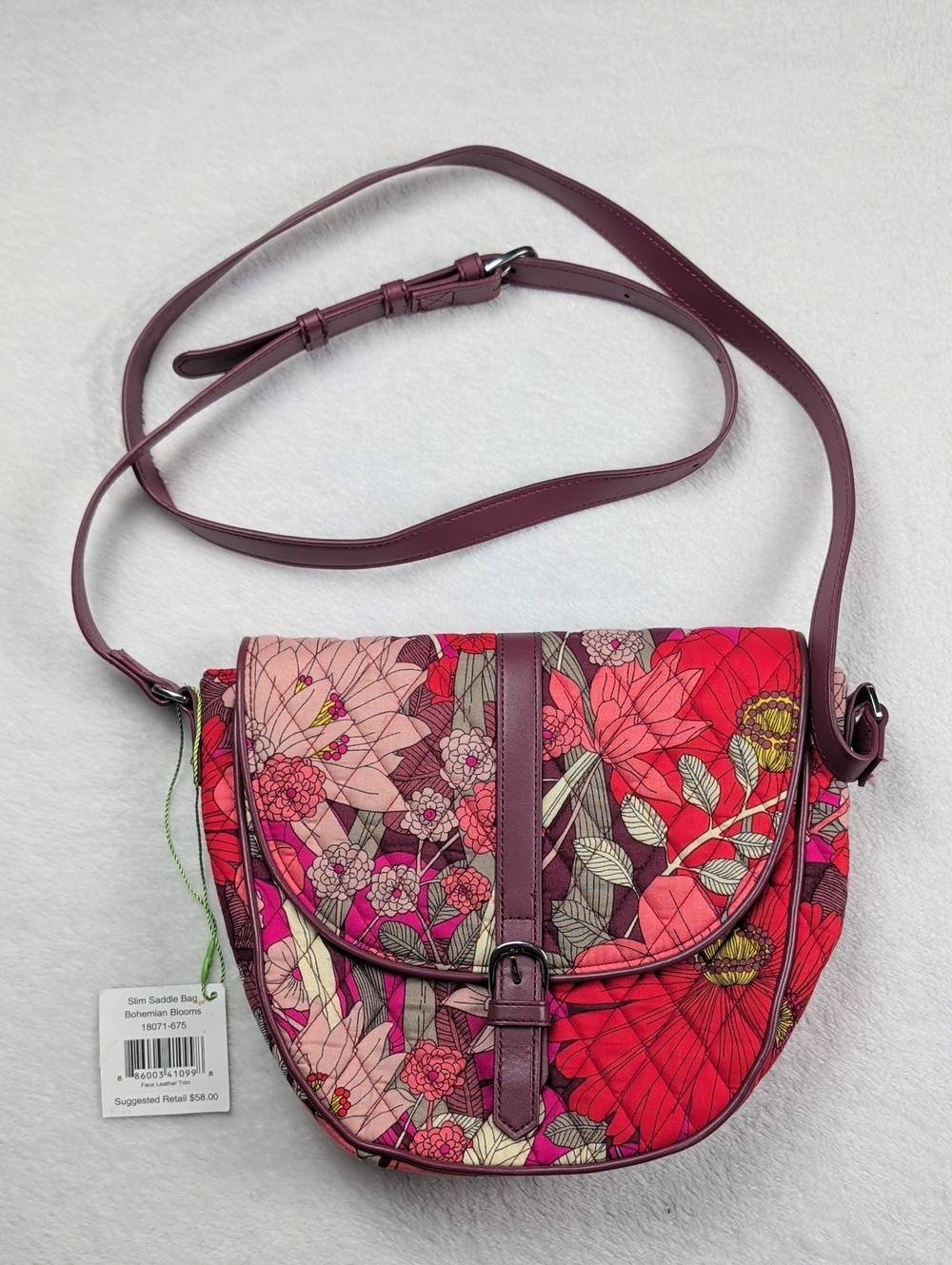 NWT Vera Bradley Bohemian Blooms Slim Saddle Crossbody Bag - Burgundy Red Pink